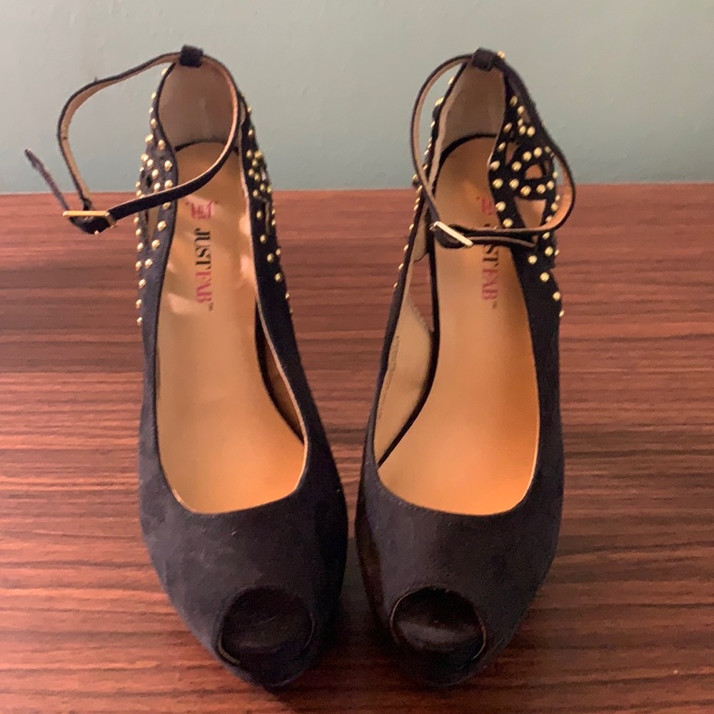 Black peep toe gold accent strap heels